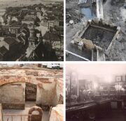 vier Fotos von Grabungen, Blick von der Marienkirche auf die Stadt, Inneneinrichtung Gaststätte