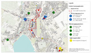 Übersichtskarte mit Flurstücke und Gebäude des Innenstadtbereiches der Stadt Prenzlau, eingezeichnet sind Haupt- und Nahversorgungszentren, sowie  Nahversorgungsstandorte