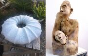 Collage Skulptur mit Personendarstellung und  Marmorobjekt