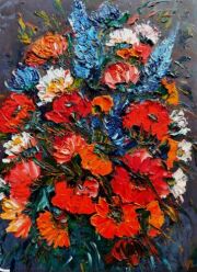 ein Strauß mit roten und weißen Blumen, gemalt in Öl