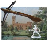 Collage im Hintergrund ein Bild von einem Schloss, quer über das Bild im oberen Bereich eine Armbrust und rechts eine Figur eines Spielzeugritters