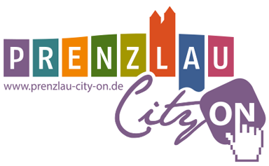 Logo Prenzlau City ON, Prenzlau weiße Schrift hinterlegt mit bunter Umrandung darunter City, On als Button mit klickender Hand
